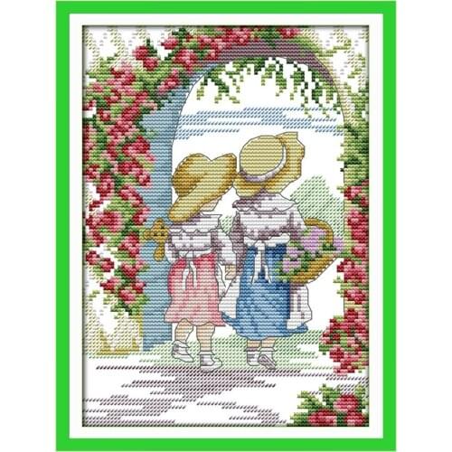 Cartoon Characters DIY Stamped Cross Stitch Kit 14CT Pre-printed Rose Gate Pattern DIY Craft handmade needlework embroidery set