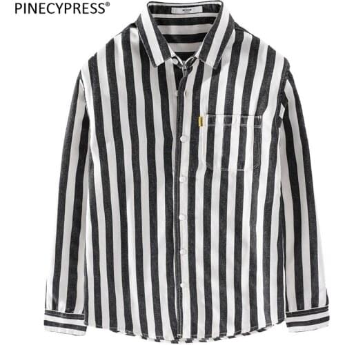 Cotton Man Shirt Quality Spring Autumn Summer Male Striped Street Fashion Pocket Blue Long Sleeve Young Men Casual Shirts