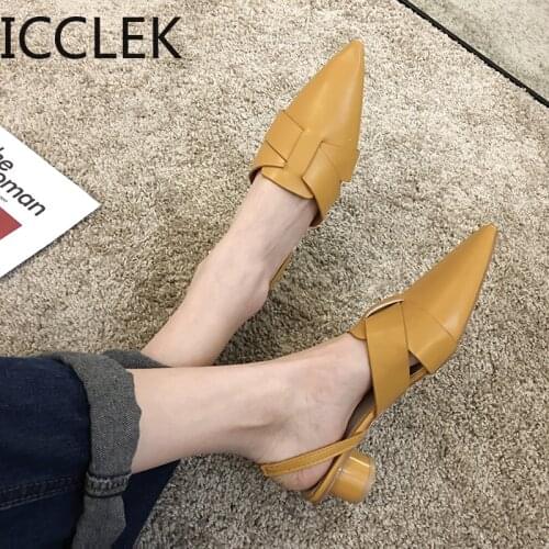 ICCLEK Women Casual Stylish Pumps Leather Med Heels Shoes Summer Sandals Sexy Pointed Toe Slip on Pumps Sandals A043