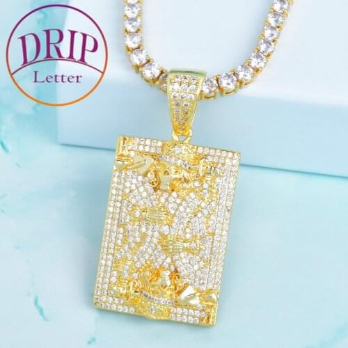 King Of Hearts Skull Face Playing Cards Iced Mens Pendant 4mm Tennis Chain Gold Color Zircon Hip Hop Necklace Jewelry
