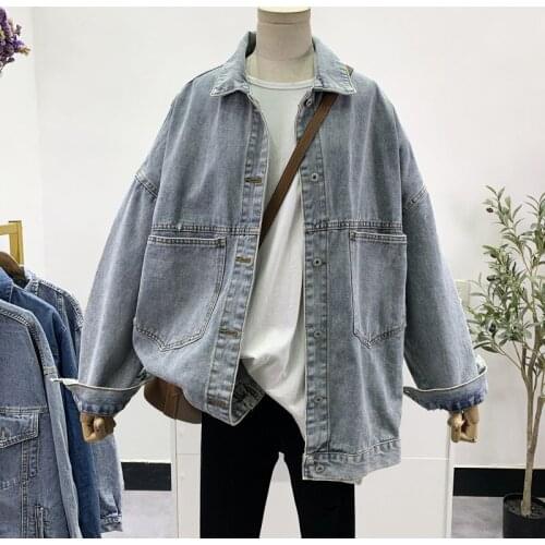 Korean Womens Oversized Washed Blue Light Blue Denim jacket Spring Harajuku Vintage Loose Big Pocket Casual Jeans Jacket Femme