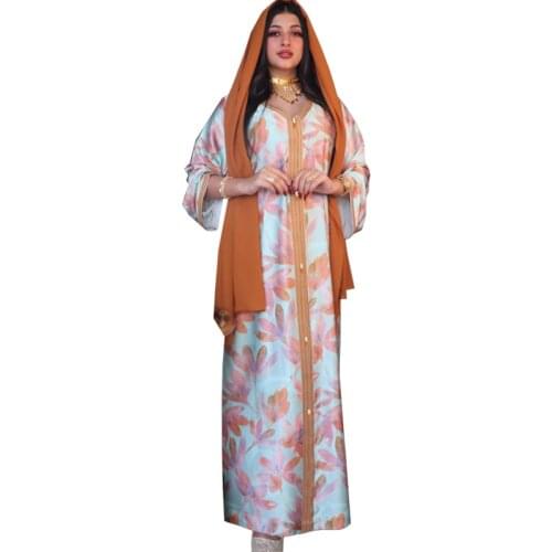 MCK Turkish Abaya Uk Women Dress Caftan Latest Fashion Islamic Dubain Floral Print Flower Long Sleeve Gold Edge Ribbon Clothin