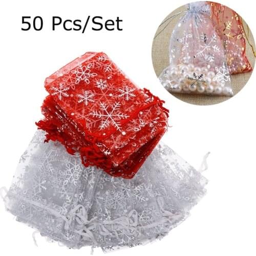 50 Pcs/Set Snowflake Pattern Organza Bags Christmas Gift Candy Wedding Favour Pouch Festive Party Gift Bags #257131