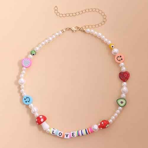 Trendy Handmade Pearl Soft Pottery Necklace Women Fashion Acrylic Letter Love Mushroom Creative Clavicle Choker Necklaces