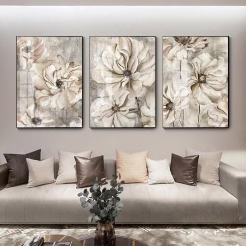 Nordic Retro American White Peony Flower Rustic Style Wall Art Poster Triptych Decorative Painting Living Room Hotel Home Decor