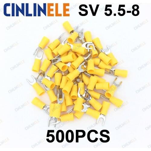 500pcs/lot Crimp Terminal SV 5.5-8 AWG12-10 2.63-6.64mm^2 Crimp Fork Spade terminals Fork Terminal Brass SV5.5-8