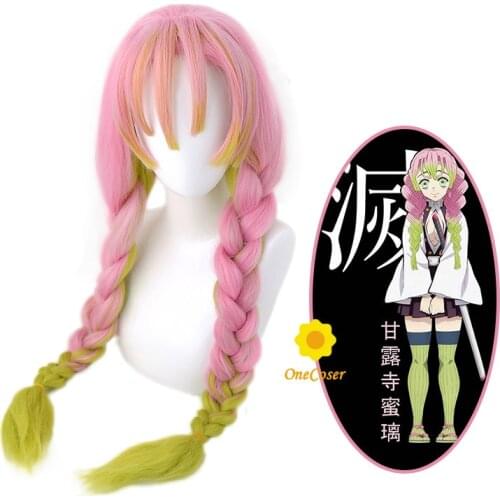 Anime Demon Slayer Kanroji Mitsuri Cosplay Long Braids Wig Kimetsu no Yaiba Heat-resistant Fiber Hair + Wig Cap Party Girls