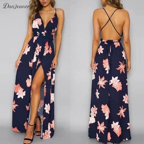 Danjeaner Boho Floral Deep V neck Backless Sexy Dress Split Cross Lace Up Chiffon Summer Beach Long Dress Sleeveless Maxi Dress