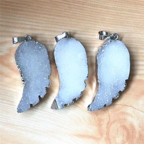 Hot!New Natural Stone White Crystal Geode Drusy Druzys Agates Pendants for Necklace Angel Wings Natural Pendent Electroplating