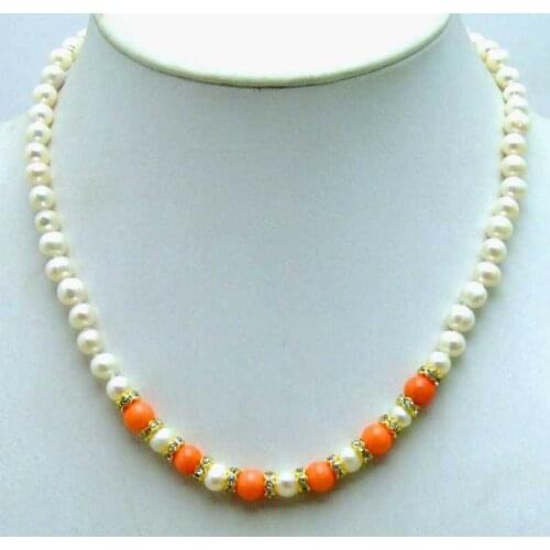 SALE 6-7mm Natural White freshwater Pearl with 6mm Round Pink Coral 17" Necklace-5837 wholesale/retail Free shipping