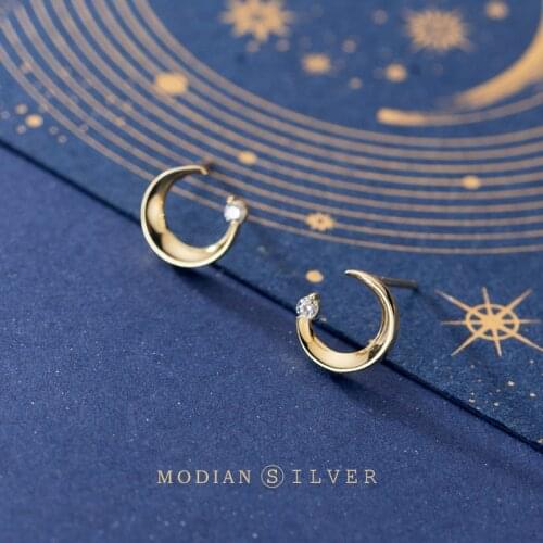MODIAN Minimalism Gold Color Crescent Stud Earring for Women 925 Sterling Silver Shiny Clear CZ C-Shape Ear Pin Fine Jewelry