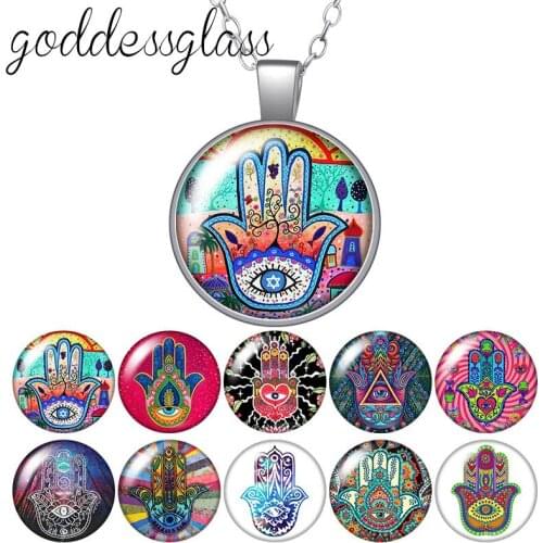 Evil eye hand patterns religion Round Glass glass cabochon silver plated/Crystal pendant necklace jewelry for Gift