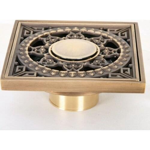 Shower Drains 10*10cm Square Bath Drains Strainer Hair Antique Brass Art Carved Bathroom Floor Drain Waste Grate Drain Bhr053
