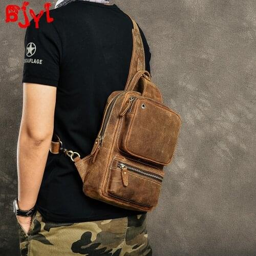 Retro Handmade Mens Shoulder Messenger Bag Men Chest Bag Crossbody Bags Multi-pocket Bag Crazy Horse Leather Head Layer Leather