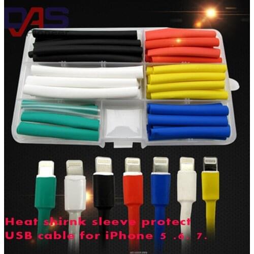 Heat Shrink Tube Sleeve for iPad iPhone 5 6 7 8 USB Data Charger Cable Fix Black/Red/Yellow/Green/Blue/White 60pcs 7 colour