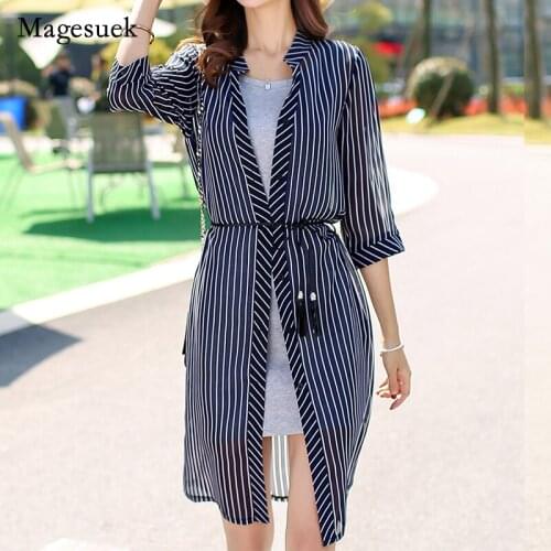 Spring Summer Loose Chiffon Cardigan Stripe Floral Print Air-conditioned Blouse Womens Beach Style Sun-Proof Long Shirts 9126