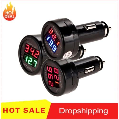 VODOOL 12V 24V Car Voltmeter Thermometer Auto LED Dual Digital Panel Meter USB Charging 2 in1 Cigarette Lighter