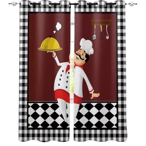 Black And White Plaid Chef Knife Fork Blackout Curtains For Kitchen Bedroom Kids Room Window Treatment Curtains for Living Room