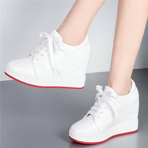 New Punk Goth Trainers Women Genuine Leather Platform Wedges High Heel Ankle Boots Lady Lace Up Round Toe Pumps Fashion Sneakers