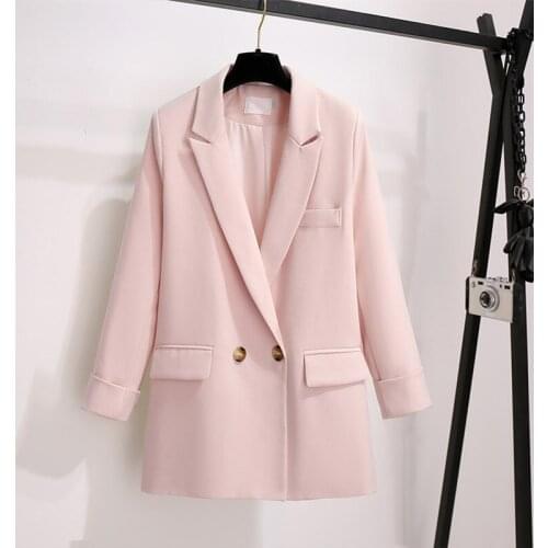 Women Elegant Pink Apricot Blazer Coat Vintage Notched Collar Pocket 2021 Autumn New Fashion Female Casual Chic Tops