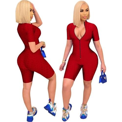 Womens Jumpsuit Cycling Shorts Female Solid Color Sexy Super Stretch Pineapple Cloth Zipper Sports Yoga One-piece Shorts Ladies