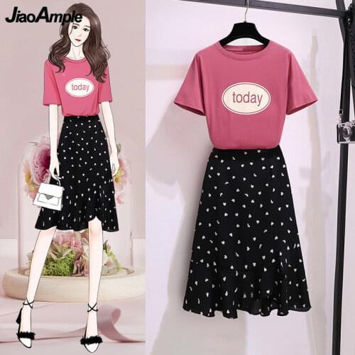Large Size Womens 2 Piece Set Summer Clothing 2021 Girls Student Leisure Letter T Shirt and Chiffon Heart Ruffle Skirts Suits