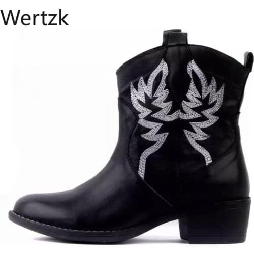 Winter Women Shoes Embroidered Boots Semi-High Heeled Side Zipper European American Style Chunky Heel Large Size Women Boots