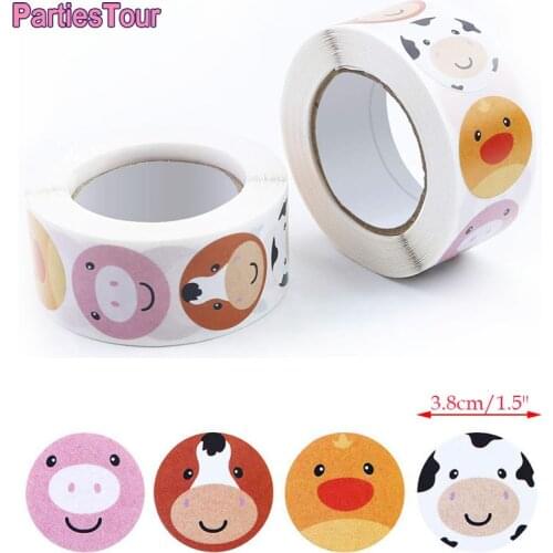 200 Pieces/roll 3.8cm Face Farm Animal Roll Stickers For Baby Farm Theme Birthday Party Favor Farm Bags Seal Label Stickers