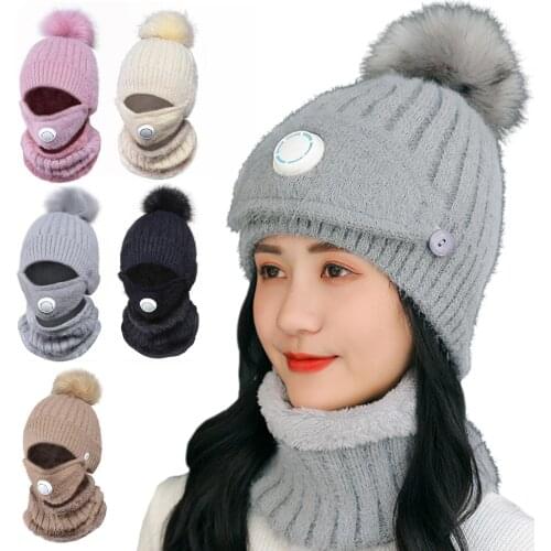 2020 Warm Beanies Hat For Girl Ring Scarf Pompoms Winter Hats Knitted Caps Scarf 2 Pieces Fashion Ladies Winter Hat Scarf Set