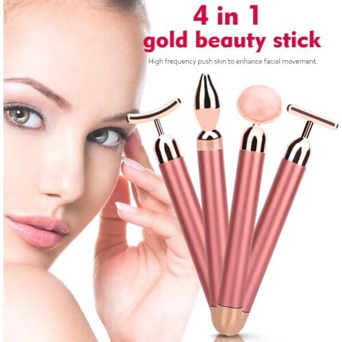 4 In 1 Weight Loss Face Massager Rose Gold Vibrating Facial Rose Quartz Roller Massager Stick Skin Firming Facial Skin Care Tool
