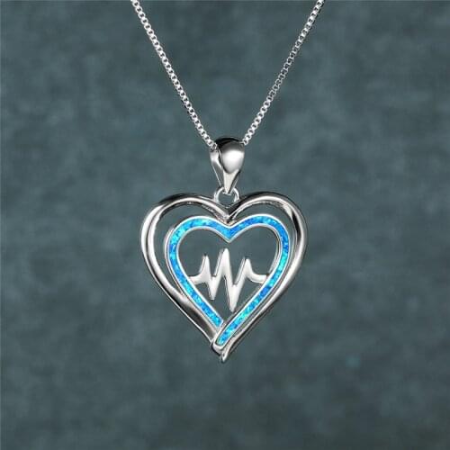 White Blue Opal Stone Wedding Necklace Female Cute Love Heart Pendant Necklace Rose Gold Silver Color Chain Necklaces For Women