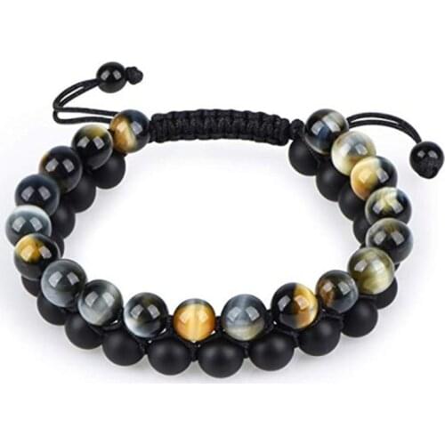 New Style 8mm Stones Blue Tiger Eye Lava Volcanic Rock beaded Double Row Charms Adjustable Unisex Dainty Bracelet Daily Jewelry