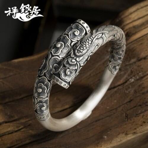 Bracelet xiangyun silver bracelet handmade men hold column domineering silver bracelet cylindrical dragon pattern