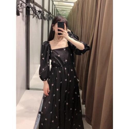 Floral Embroidery Pleated Long Dress Women Folds Square Collar Long Sleeve Loose Midi Dress Female Autumn Vintage Party Vestido