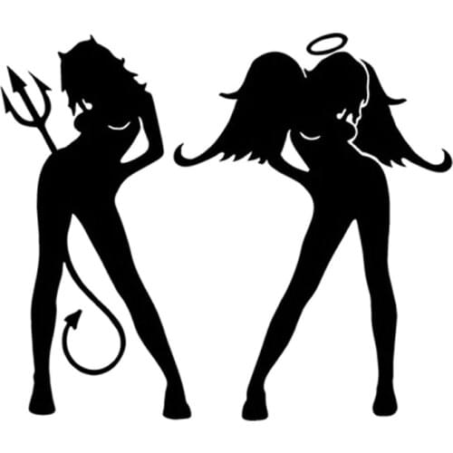 14*12CM ANGEL AND DEVIL Sexy Girl Decorative Car Stickers Motorcycle Decals Car Accessories Black/Silver C2-0129