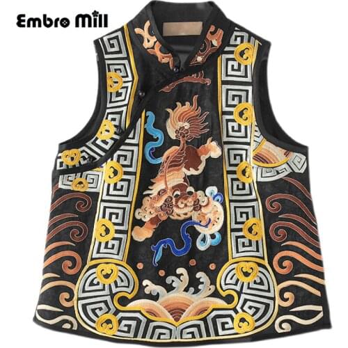 Spring And Summer Retro Embroidered Little Lion Sleeveless + Single-Breasted Chinese Style Vest Jacket Plus Size S-3XL