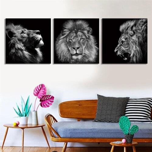 HD Canvas Art Animal Painting For Living Room Wall Decor 3 Pieces Image lions Head Black White