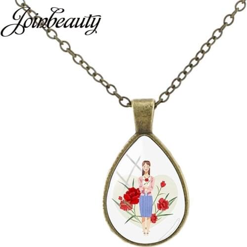 JOINBEAUTY Women Flower Heart Teacher Tear Drop Necklace Handmade Glass Cabochon Jewelry Fashion Teacher Day Gift Necklace FQ405