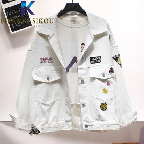 White Denim Jacket Women Fashion Embroidery Pocket Lapel Jeans Jacket Korean Casual Loose Long Sleeve Jeans Coat 2021 Spring New