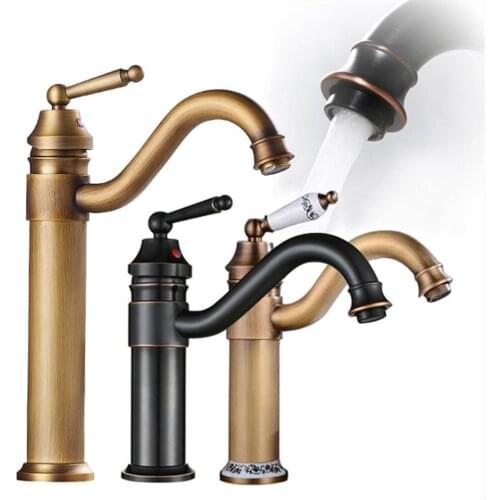 Retro Antique Brass Faucet Bathroom Faucets Deck Mounted Sink Basin Mixer Tap Single Handle Single Hole Long Short Type
