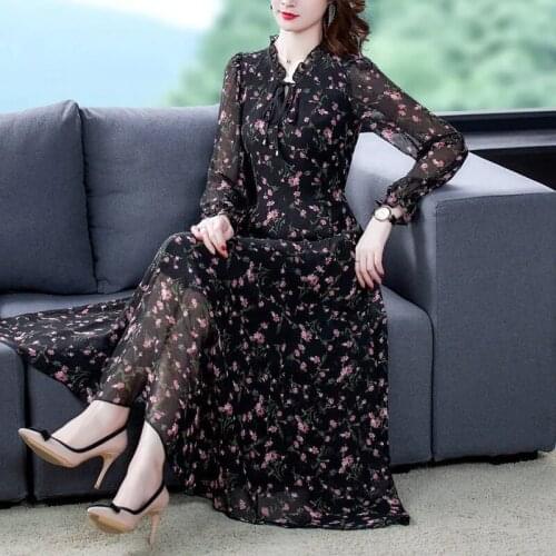 Short Sleeve Summer Dress Chiffon Print Femme Long-Sleeved V-Neck Floral Dress Plus Size 6XL Long Dresses For Women 2021 Black