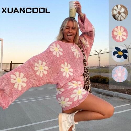 XUANCOOL Fashion Wool Sweater Shorts Feminino Set 2021 Womens Casual Sexy Slash Neck Loose Flowers Knitted Lady 2 Piece Outfits