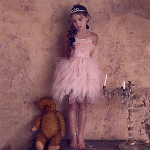 New Peach Pink Flower Girls Dresses For Wedding Beading Backless Girl Birthday Party Evening Dress Tulle Princess Ball Gown