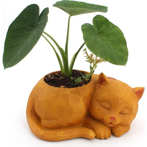 Resin Art Succulent Plant Flower Pot Desktop Sleep Cat Planter Vase Container for Small Cactus Herbs