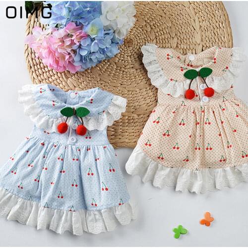 OIMG Cute Clothes For Dogs Sweet Cherry Printed Lace Small Dogs Dress Cotton Princess Pet Dress Puppy Skirts Cat Poodle Teddy