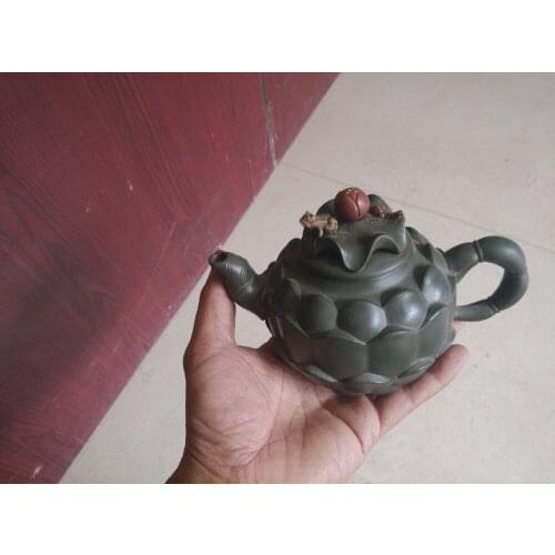 Old Chinese Handcraft Enameled YiXing Zi Sha Clay (blue stoneware) Teapot ,Frog & Lotus,no 62,with mark,Free shipping