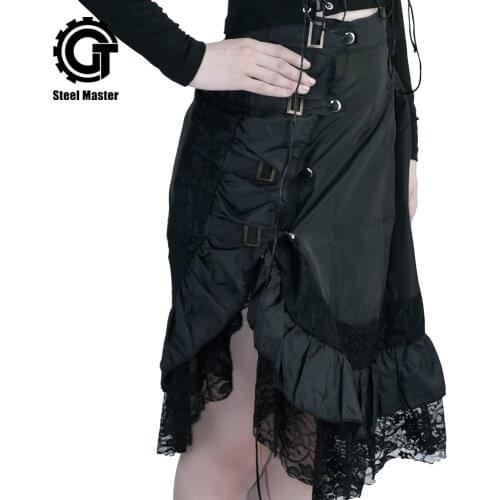 Gothic Punk Skirts Women Lace A Line Black Skirt Metal Buckles Rivets Patchwork Fashion