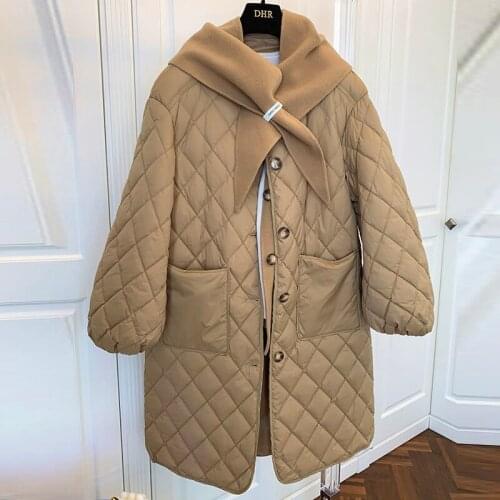 New Scarf with Plaid Long Loose Rhombus Pattern Long Parkas Vintage Parkas Coat Female Autumn Winter Harajuku Elegent Women Coat