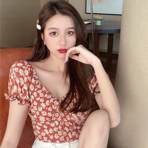 Womens Floral Print V-Neck Womens Small Floral Print V-Neck Sexy Sweet Short Sleeve Chiffon Shirt Blouse