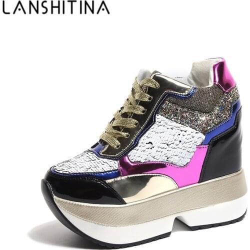 2020 New Woman Spring Wedge Boots PU Leather Harajuku Shoes Colorful Bling Winter Ankle Boots 12CM High-Heeled Platform Sneakers